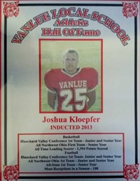 Vanlue Local Schools  Athletic Hall of Fame Award for Joshua Kloepfer