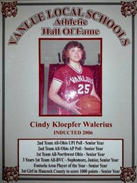 Vanlue Local Schools  Athletic Hall of Fame Award for Cindy Kloepfer Walerius